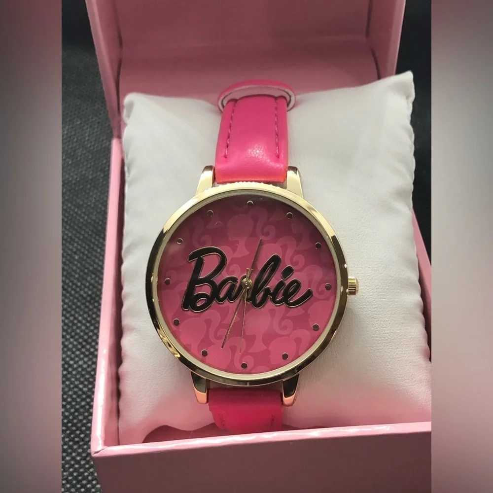 Barbie pink strap gold plated trim pink Barbie‎ logo face wrist watch new